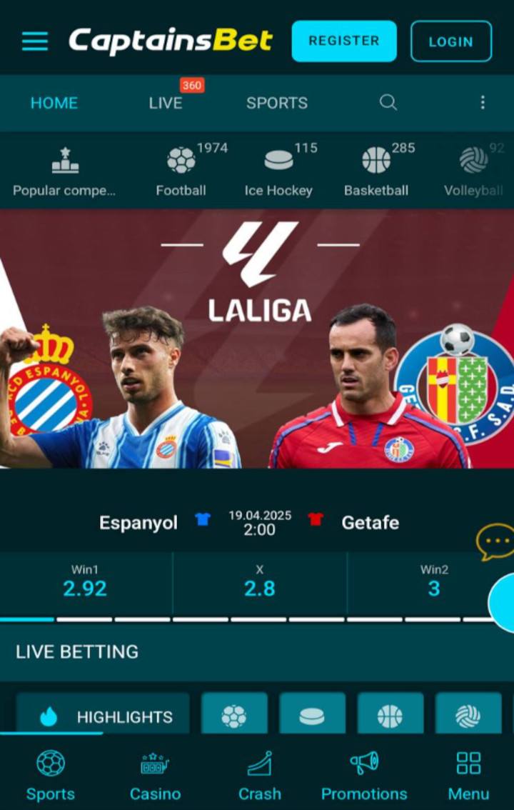 CaptainsBet app home screen